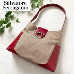 Ferragamo ガンチーニ金具 ワッフル地×レザー ショルダーバッグ レッド
