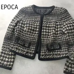 美品 エポカ ノーカラージャケット 千鳥格子 ウール混 黒 ブラック L