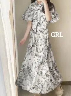 GRL トワルドジュイ柄ケープカラーボウタイプリーツワンピース Sサイズ