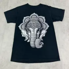 ガネーシャ　象　エレファント　トップス　半袖　Tシャツ　古着　ブラック　黒　S