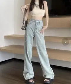 GLAMOROUS JANE パール付き ライトブルー デニムパンツ M