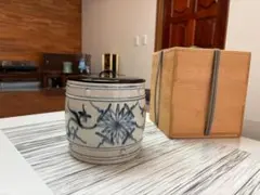 茶道具　萬古焼　山本太仙作　飛鶴盛絵　茶心壷　茶入　共箱　V　R6626 茶道具 萬古焼 山本太仙作 飛鶴盛絵 茶心壷 茶入 共箱 V R6626