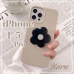 お花グリップが可愛い♡ iPhone15Proケース ベージュ 花 韓国 黒