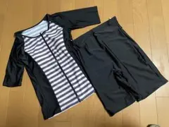 新品◆袖付き・フィットネス水着・13号L・ボーダー・ピンクグレー×黒