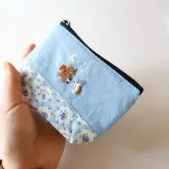 くまさんとハリネズミの手刺繍ポーチ/ミニポーチ/12cmファスナー
