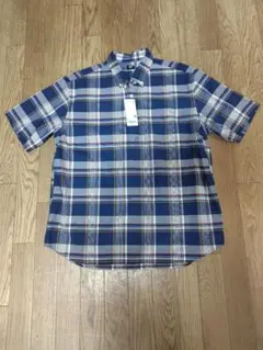 青 チェック柄 半袖シャツ L