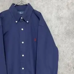 90S ラルフローレン ネイビー 綿 シャツ ワンポイント 刺繍 古着 メンズ