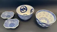 送料込 ◆ 青い器　陶器　茶碗2　小皿2 セット