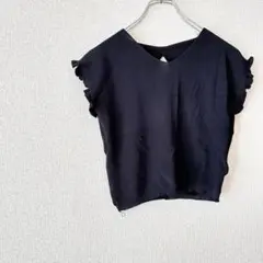 ニット　ブラウス　紺　無地　袖フリル　Mくらい　ショート丈　背中開き