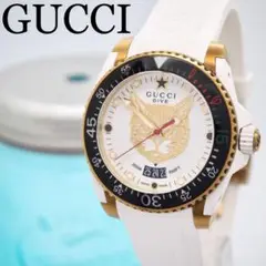 51【美品】GUCCI 時計　メンズ　箱付き　ダイヴ　キャット　ミスティック　白