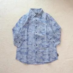 柄シャツ 迷彩 ブルー系 L 七分袖 古着 ポケット コットン100％