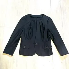 【美品】ノーカラー　薄手ジャケット　ネイビー　濃紺