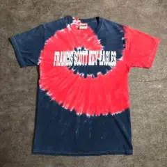 【ヘインズ】ダイダイ柄 ロゴプリントTシャツ 赤×紺 古着 ZSM6