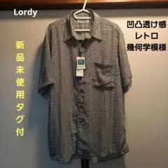 Lordyポリシャツ半袖緑黒灰系レトロ幾何学模様L新品未使用タグ付