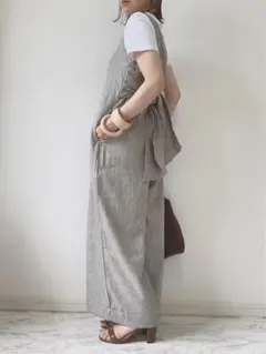 T012 ユアーズ サロペット M ベージュ リボン ワイドパンツ リネン