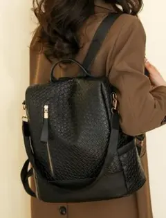 3way リュック 編み込み 模様 ブラック レザー バックパック ポケット