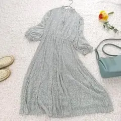 UNIQLO ユニクロ S フリルVネック ロングワンピース 小花 総柄 ブルー