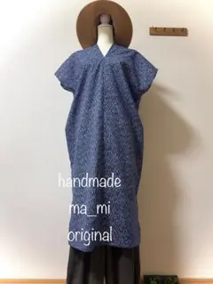 【ma_mi】浴衣リメイクロングワンピース紺　カフタンワンピース　ハンドメイド