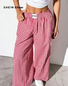 SHEIN 赤と白のギンガムチェック ワイドパンツ