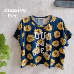 massive【Free】ひまわり柄 紺色 ネイビー クロップドTシャツ