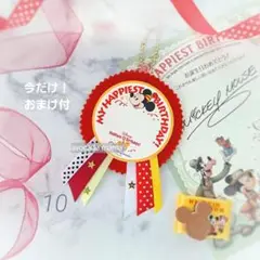 10》ディズニー誕生日に！バースデーシール用バッジ　赤6本リボン　ハンドメイド
