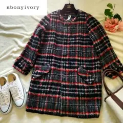 evonyivory エボニーアイボリー ノーカラーコート チェック柄 モヘヤ