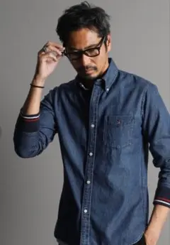 The DUFFER トリコロールカラー デニム リブ袖シャツ M