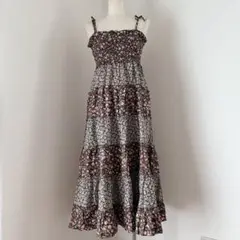 森ガールy2k韓国フェアリーグランジ　花柄リボンシャーリングティアードワンピース