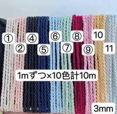 お試しセット　1mずつ×10色計10m ツイストコード 3mm ツイスト紐