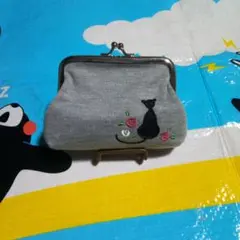 猫と花刺繍のグレー小銭入れ