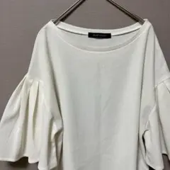 ブリスポイント　フリルスリーブカットソー(F) ホワイト無地クルーネックワッフル