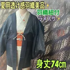 透け感夏用羽織美品✨羽織紐付き　身丈74 ゆらぎの縞の地模様ブラック