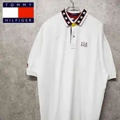 90s トミー ヒルフィガー刺繍 USA 国旗 ポロシャツ ホワイト 古着