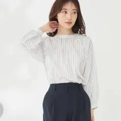 タグ付き⚑エニィスィス　【洗える】タックボリュームスリーブ ブラウス　ストライプ