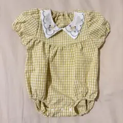 イエロー　チェック　刺繍襟　ロンパース