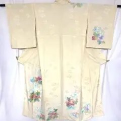 2m2006 着物 正絹 袷 訪問着 ベージュ 赤 緑 青 花柄 手書き 和装