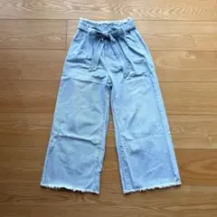 フリンジ付きライトブルーワイドデニムパンツ
