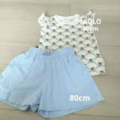 猫柄袖無しシャツ（UNIQLO）90cmとストライプショートパンツ80cmセット