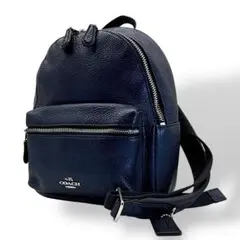 【良品】COACH コーチ ミニリュック レザー シボ革 光沢感 ネイビー