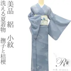 美品 洗える夏着物 撫子と桔梗 絽 小紋 着物 A3455