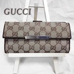 グッチ GUCCI 長財布 Wホック GG柄 キャンバス メタルバー ブラウン