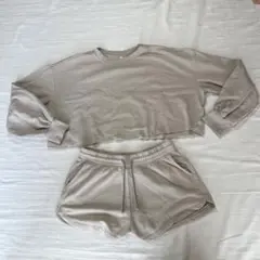 H&Mベージュ クロップドスウェット＆ショートパンツセット L