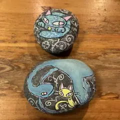 石ころアート2個セット（青とねこ）