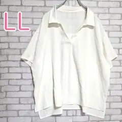 プルオーバー【LL】スキッパーカラー透け感ブラウス　ホワイト系 ポロシャツ風半袖