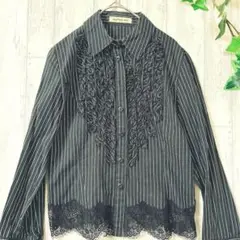 日本製✨neuf cent neuf フリルシャツ 裾レースブラックストライプ