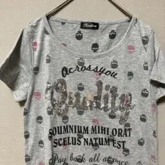 Pendora プリントスパンコールロゴTシャツ(M)スカル　グレー長め丈