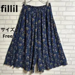 【フィリルfillil】ガウチョパンツ　ワイドパンツ　総花柄　くすみ青　Free