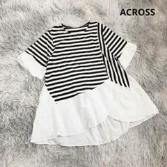 【アクロス】半袖チュニック フリル レイヤード風 ボーダー シフォン 白 黒