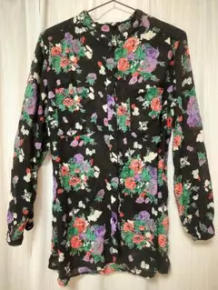 花柄 長袖ロングシャツ 黒