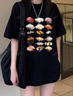 寿司デザイン 黒 Tシャツ ゆったりサイズ L